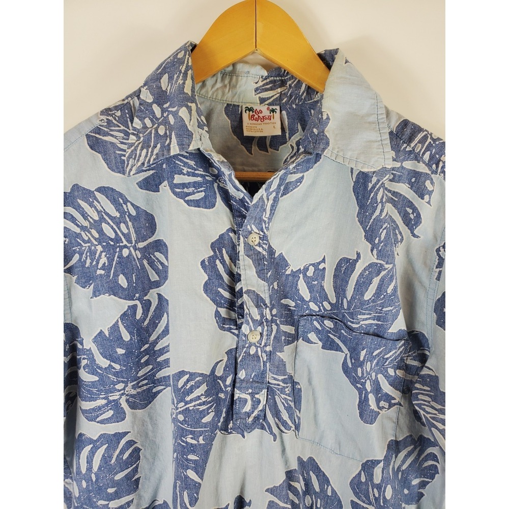 Go Barefoot Hawaiian Shirt Men's Large Blue Leaf Print 100% Cotton Made USA